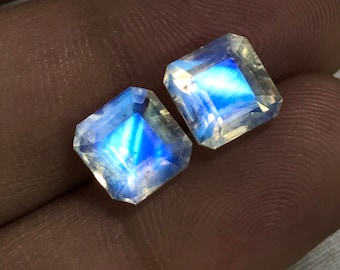 Rainbow Moonstone - AAAAA - High Quality Asscher Cut Faceted Perfect Pair - Amazing Blue Flash Fire Size - 8x8  mm - 2 pcs