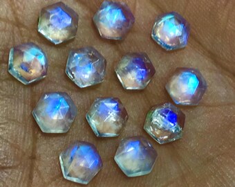 AAAAA Rainbow Moonstone Cabochons: Hexagon Rose Cut, Blue Flash (6mm, 10pcs)