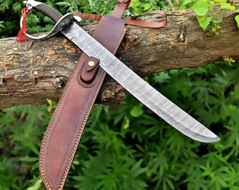 Handmade Damascus Steel Cutlass Sword: 24" Viking Short Sword with Leather Sheath