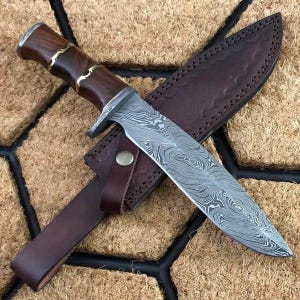 Bowie Knife, Damascus Steel Custom Handmade Bowie Hunting Knife with Leather Sheath, Wood Handle, Best Gift, Popular Knives