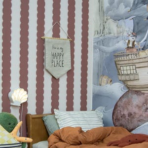 Carta da parati a righe ondulate bordeaux – Arte murale a righe vintage – Carta da parati retrò rossa e beige – Dimensioni personalizzate – Decorazione ecologica