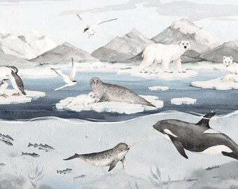 May include: Watercolor illustration of an arctic scene with penguins, seals, polar bears, and a narwhal. The image features a variety of marine life, including fish and an orca, set against a backdrop of mountains and ice floes.