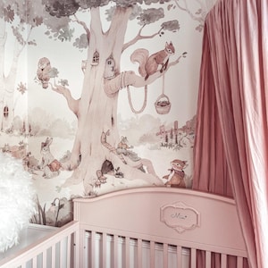 Sielankowa Street Forest Mural Pink – Woodland Animal-Themed Wallpaper for Girl Room