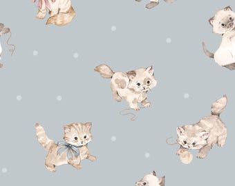 I Love Cats Wallpaper – Hand-Painted Blue Cat Wallpaper for Kids Room