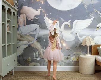 MERMAID Lake Wallpaper – Hand-Painted Custom Mermaid Mural for Kids’ Room | Underwater Adventure Wall Decor