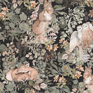Papel tapiz de bosque oscuro - Papel tapiz de animales del bosque - Decoración de habitación infantil - Pared de guardería escandinava con tema de bosque neutro