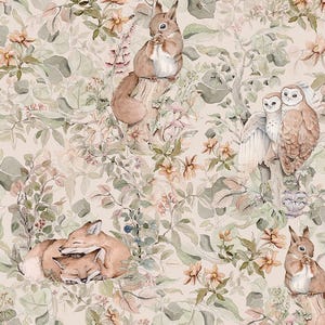 Forest Wallpaper Beige - Woodland Animals Wallpaper - Kids Room Decor - Scandinavian Nursery Wall - Neutral Forest Theme