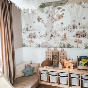 Décoration murale forêt de la rue Sielankowa - Papier peint sur le thème des animaux de la forêt pour chambre d'enfant et de chambre d'enfant, oeuvre d'art murale forêt