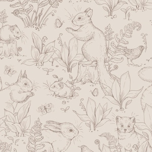 Papel tapiz beige con motivos de vida forestal - Papel tapiz con animales del bosque - Decoración neutra para habitación infantil - Guardería escandinava - Temática forestal