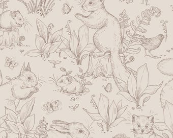 May include: A seamless pattern featuring a whimsical woodland scene with squirrels, rabbits, mice, birds, and butterflies. The design is drawn in a delicate, hand-drawn style with a light brown color palette on a cream background.