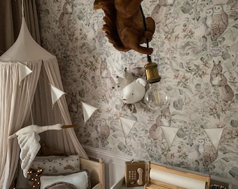 Beige Forest Wallpaper – Woodland Animals, Scandinavian Nursery Decor