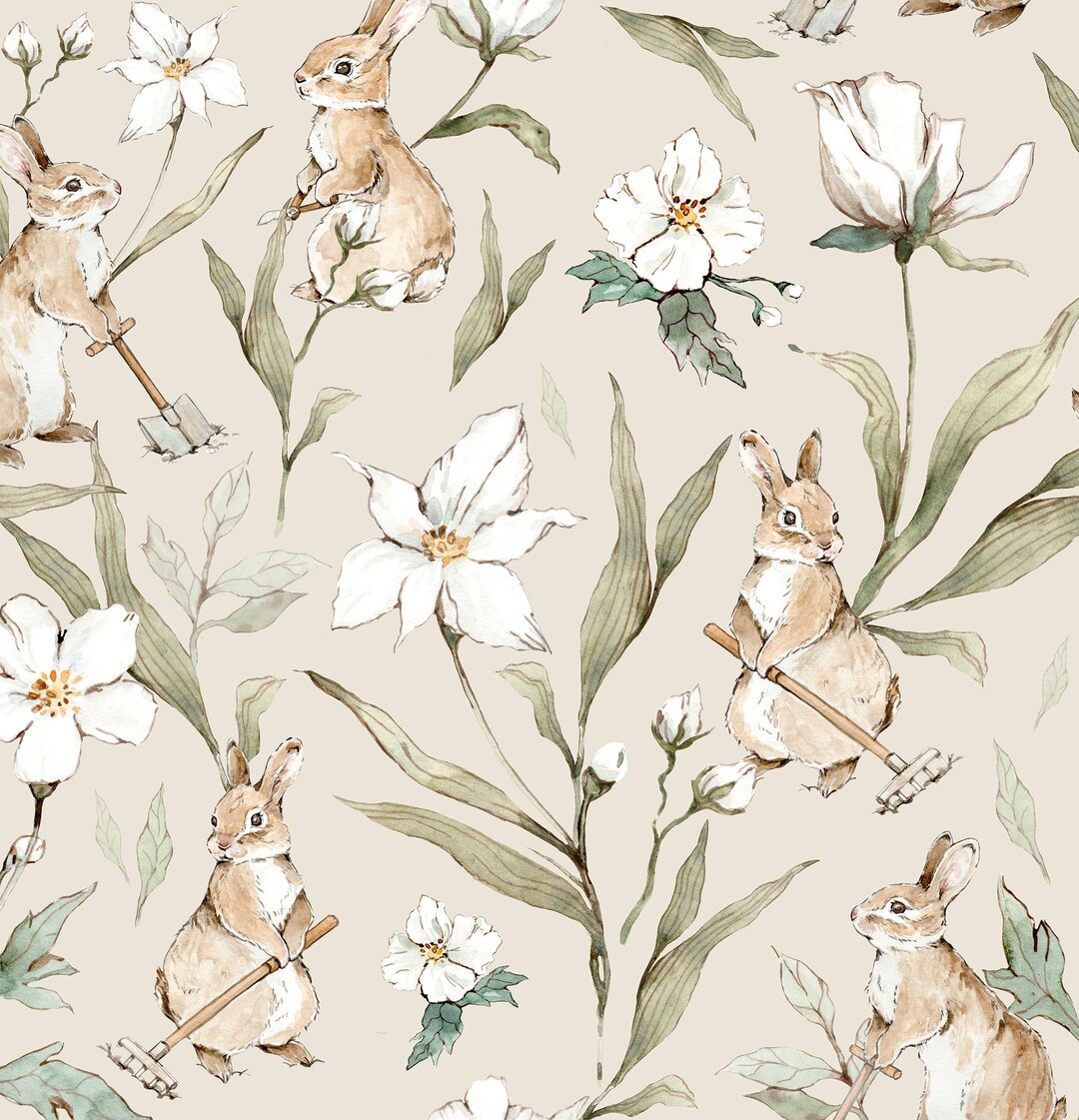 Beige Bunny Garden Wallpaper – Hand-painted Rabbits and Florals for ...