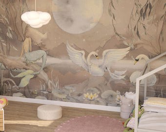 Hand-Painted Mermaid Lake Wallpaper – Custom Kids' Room Mural