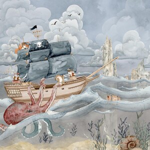 May include: Watercolor illustration of a pirate ship sailing on a stormy sea, with an octopus attacking. The ship has a skull and crossbones flag. The scene is set against a cloudy sky with tall rock formations.