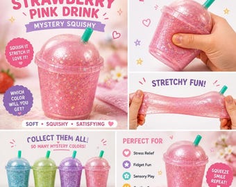 Drink Cup Squishy, Strawberry Translucent Glitter Sensory Toy