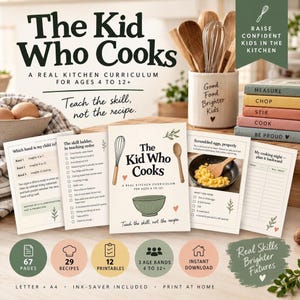 May include: A kitchen curriculum titled The Kid Who Cooks for ages 4 to 12+, featuring printed pages with skill ladders, recipe guides, and cooking planners. Includes a ceramic utensil holder with wooden spoons and a whisk, plus a stack of five coloured books.