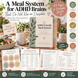 Peut inclure: Un système de planification des repas pour les cerveaux TDAH comprenant un guide de 44 pages et 11 feuilles imprimables. L'ensemble inclut un livre intitulé The ADHD Friendly Meal System, une tasse mouchetée et quatre fiches d'instructions.