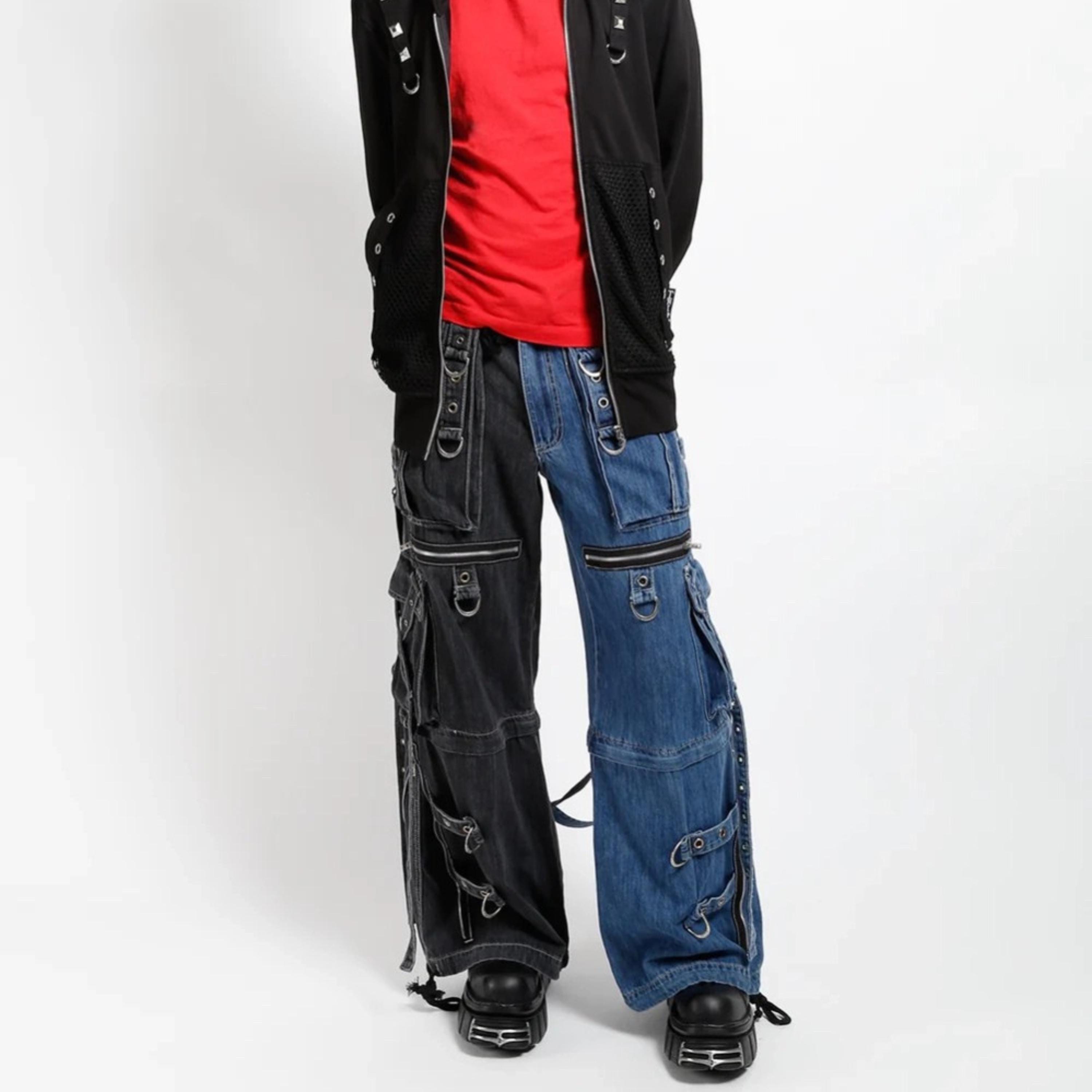 Handcrafted Unisex X-strap Split Denim Pants - Denim Tripp