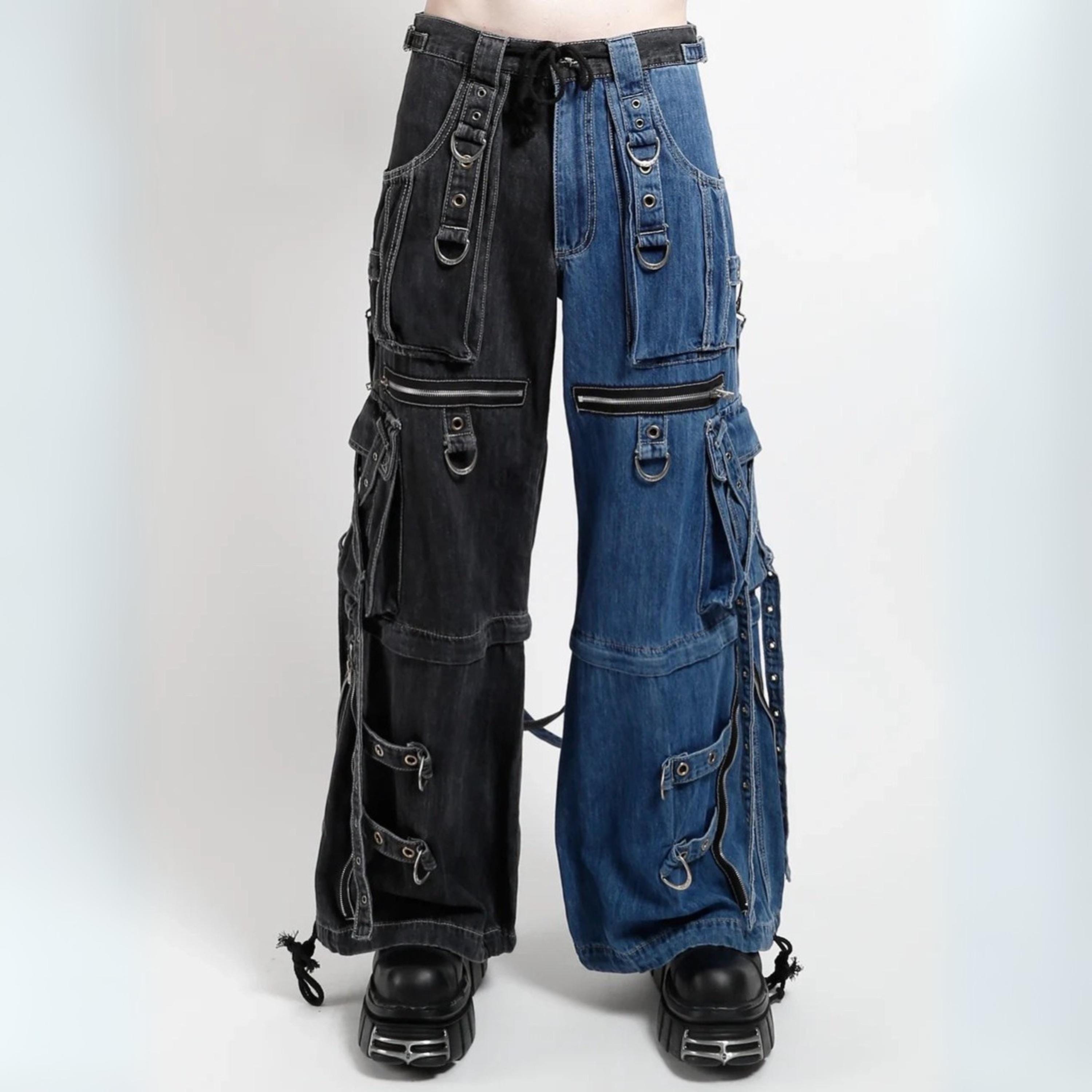 Handcrafted Unisex X-strap Split Denim Pants - Denim Tripp