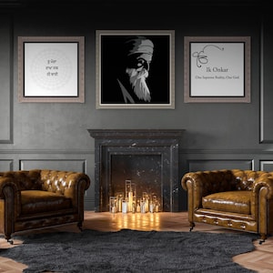 May include: A room interior with three framed artworks above a fireplace, and two brown leather armchairs. The artworks display text and a black and white portrait. A black rug and a floor lamp complete the room.