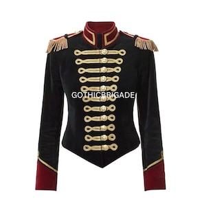 Handmade Women&#39;s Black Velvet Military Jacket with Gold Epaulettes Military Officer Hussar Jacket