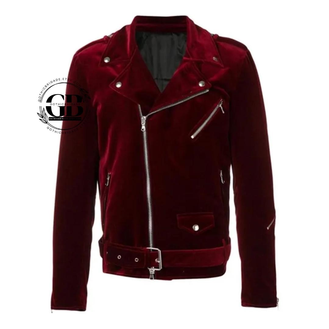 Handmade Men's Burgundy Velvet Biker Jacket – Gothic Steampunk