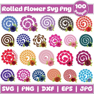 以下が含まれることがあります： 青、紫、茶色、ピンク、オレンジ、赤など、さまざまな色の100種類のロールフラワーデザインのコレクション。各デザインは、花のアクセントが付いたスパイラル形状です。「Rolled Flower Svg Png」というテキストが含まれています。