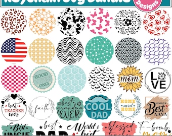 May include: A digital collection of 30 circular keychain designs featuring patterns like leopard print, flowers, butterflies, hearts, and the American flag. Includes text-based graphics such as Best Teacher Ever, Cool Dad, and World's Best Nana.