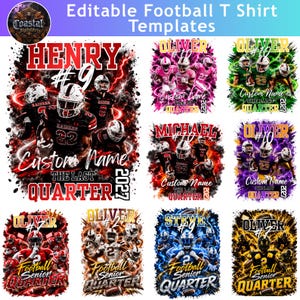 May include: A collection of digital graphic templates for football t-shirts featuring various player names, jersey numbers, and the text The Last Quarter 2027. The designs incorporate vibrant lightning effects, smoke, and action-oriented sports imagery.