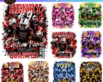 May include: A collection of digital graphic templates for football t-shirts featuring various player names, jersey numbers, and the text The Last Quarter 2027. The designs incorporate vibrant lightning effects, smoke, and action-oriented sports imagery.