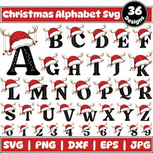 Könnte beinhalten: Ein digitales Design mit Alphabet und Zahlen, die jeweils mit einem Weihnachtsmannhut und Rentiergeweih verziert sind. Die Buchstaben und Zahlen sind schwarz, mit einer Lichterkette. Der Text "Christmas Alphabet Svg" steht oben. Das Design umfasst 36 Designs.