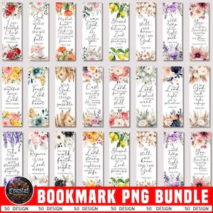 Op de afbeelding: Een verzameling van 50 boekenleggerontwerpen met bloemen en botanische illustraties, elk met inspirerende citaten en religieuze verzen. De boekenleggers zijn rechthoekig en versierd met verschillende bloemen, bladeren en decoratieve elementen. De tekst "BOOKMARK PNG BUNDLE" wordt onderaan weergegeven.