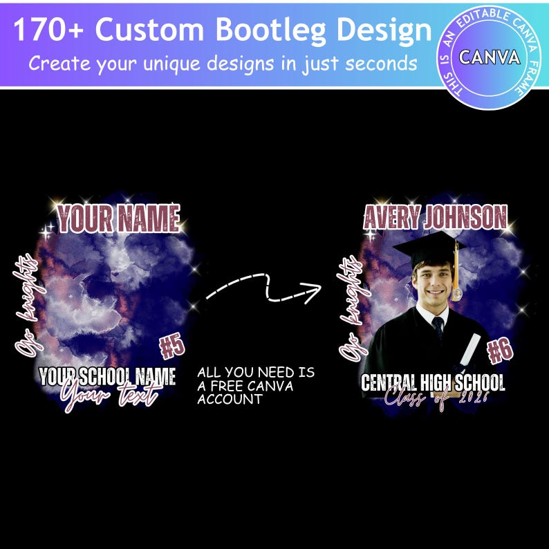 Może przedstawiać: Cyfrowy szablon projektu z motywem ukończenia szkoły. Projekt zawiera konfigurowalny szablon z polami tekstowymi na imię, nazwę szkoły i tekst. Projekt zawiera zdjęcie absolwenta w czapce i todze. Tekst brzmi "170+ Custom Bootleg Design".