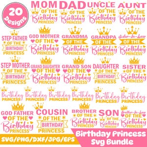 Geburtstagsprinzessin svg Bundle, Vater der Geburtstagsprinzessin, Mutter der Geburtstagsprinzessin, Onkel-Tante-Shirts, Cousin, Großmutter, Großvater