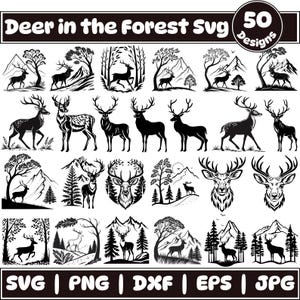 Reh im Wald-Svg-Bundle, Reh-Svg, Hirsch-Kopf-png-Datei, Wald-Silhouette-Svg, kommerzielle Nutzung, sofortiger Download