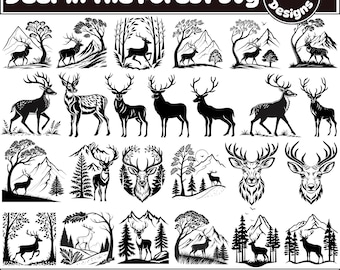 Deer in the Forest Svg Bundle, Deer Svg, Deer Head Vector Svg, Png File, Forest Silhouette Svg, Commercial Use, Instant Download