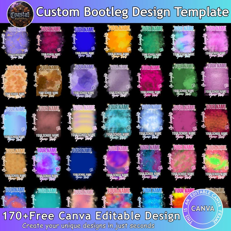 Może przedstawiać: Niestandardowy szablon projektu bootleg z r&oacute;żnorodnymi kolorowymi, abstrakcyjnymi tłami. Każdy projekt zawiera edytowalne pola tekstowe do personalizacji. Obraz zawiera r&oacute;wnież tekst "170+ Free Canva Editable Design".