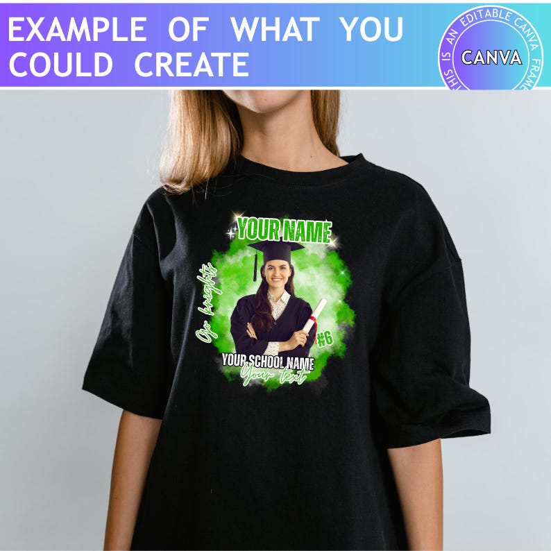 Może przedstawiać: Czarna koszulka z motywem ukończenia szkoły. Projekt zawiera zdjęcie absolwenta w czapce i todze, trzymającego dyplom. Tekst "YOUR NAME", "YOUR SCHOOL NAME" i "#6" jest w kolorze zielonym i białym.