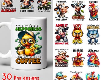 May include: A white ceramic mug with a cartoon duck wearing glasses and holding a coffee cup, surrounded by money. The mug has the text "money can't buy you HAPPINESS unless you are buying COFFEE". Additional designs include sarcastic animal graphics.