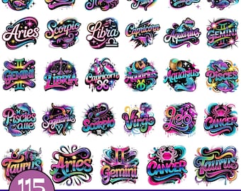 Pakiet obrazów zodiaku w formacie PNG, Horoskop w formacie PNG, Wzory sublimacji znaków zodiaku, Zodiak naniesiony aerografem, Natychmiastowe pobieranie, Pobieranie cyfrowe