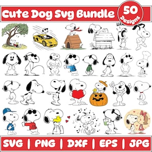 Snoopy Hund SVG-Bundle, Snoopy SVG, Charlie Brown SVG, Clipart, Peanuts Freunde SVG, Silhouette, Comic Hund inspiriert Clipart Digital Download