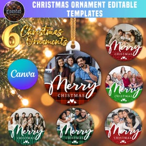 May include: Six circular Christmas ornament templates featuring customizable photo spaces, gold hanging strings, and the text Merry Chistmas in white script. The designs include red and green glitter or plaid backgrounds with small white heart icons.