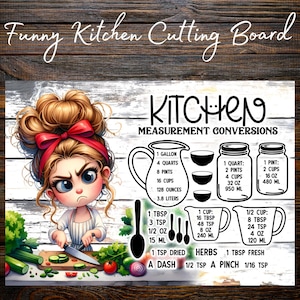 May include: A rectangular cutting board featuring a cartoon illustration of a person with a messy bun and red bow chopping vegetables. The board displays kitchen measurement conversion charts for liquids and dry ingredients with text labels.