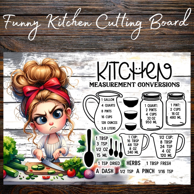 May include: A rectangular cutting board featuring a cartoon illustration of a person with a messy bun and red bow chopping vegetables. The board displays kitchen measurement conversion charts for liquids and dry ingredients with text labels.