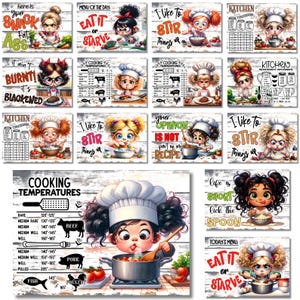 May include: A collection of rectangular kitchen signs featuring cartoon characters in chef hats with various cooking-themed phrases like "Eat it or starve," "I like to stir things up," and "Cooking temperatures" charts on a rustic wood-plank background.