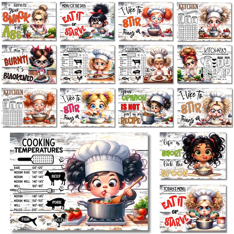 May include: A collection of rectangular kitchen signs featuring cartoon characters in chef hats with various cooking-themed phrases like "Eat it or starve," "I like to stir things up," and "Cooking temperatures" charts on a rustic wood-plank background.