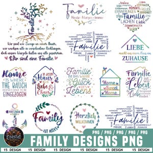 Op de afbeelding: Een verzameling digitale ontwerpen met familiethema's in PNG-formaat. De ontwerpen bevatten verschillende tekstgebaseerde afbeeldingen met woorden als "Familie", "Thuis" en "Liefde", samen met decoratieve elementen zoals harten, bladeren en bomen.