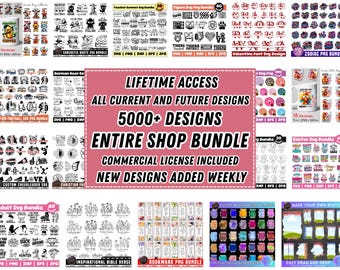 May include: A collection of digital design bundles, including SVG and PNG files, with themes like Easter, Zodiac, and inspirational quotes. The image features text that reads "LIFETIME ACCESS" and "5000+ DESIGNS".
