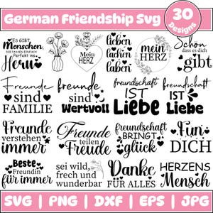 Könnte beinhalten: Eine Sammlung von 30 deutschen Freundschafts-SVG-Designs in schwarzer Schrift. Sätze wie „Freunde sind Familie“, „Liebe“ und „Danke für alles“. Die Designs eignen sich für verschiedene Bastelprojekte.