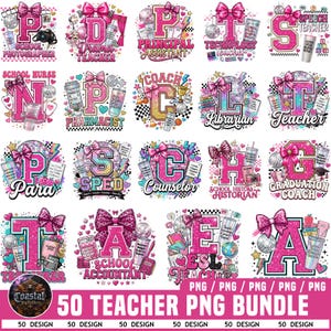 May include: A digital collection of 50 school-themed graphic designs featuring large glittery letters, pink bows, disco balls, and various school supplies. Each design includes specific job titles like School Photographer, Drama Teacher, and Librarian.
